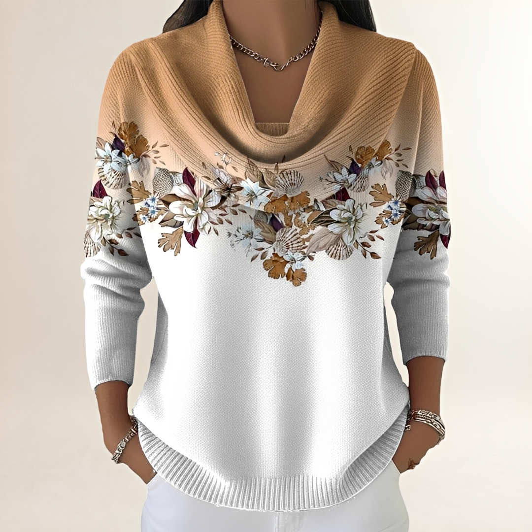 Damenpullover mit lockerem Schnitt - Drapierte Cowl-Naht Floral Yoke
