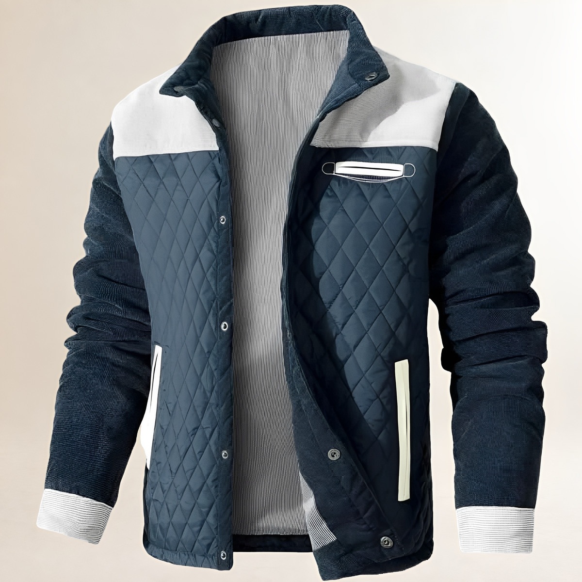 Dapper Jacket für Herren – Stehkragen mit Knopfverschluss, Diamond-Quitling Front/Back, Chest Zip & Frontpockets, Regular Fit