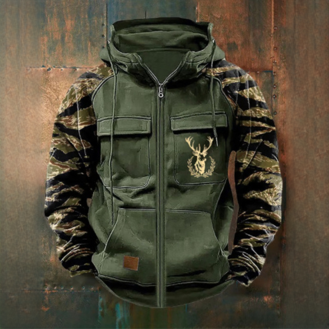 Herren Full-Zip Kapuzenjacke mit Utility-Taschen und Deer Graphic – lose Passform, Raglanärmel