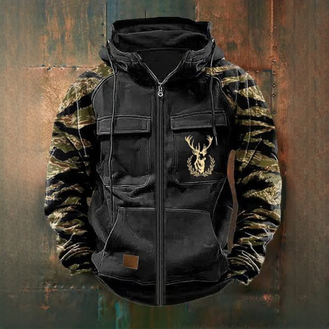 Herren Full-Zip Kapuzenjacke mit Utility-Taschen und Deer Graphic – lose Passform, Raglanärmel