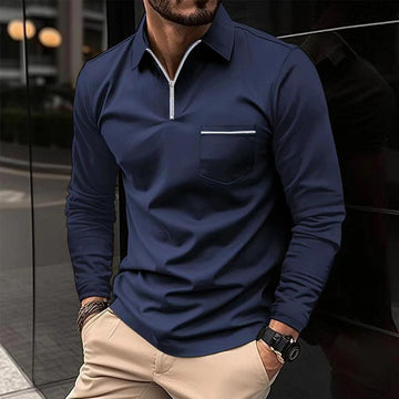 Herren Langarm-Polohemd mit Brusttasche und Stehkragen-Kragen-Design