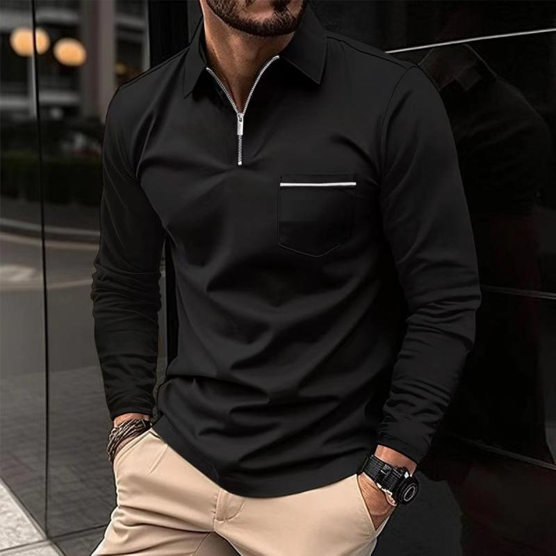 Herren Langarm-Polohemd mit Brusttasche und Stehkragen-Kragen-Design