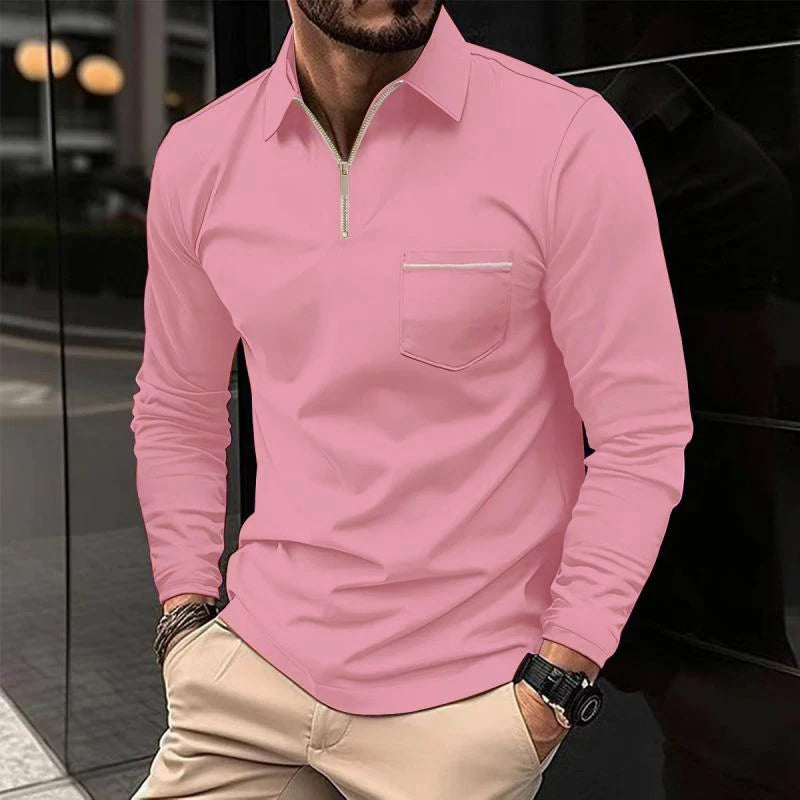 Herren Langarm-Polohemd mit Brusttasche und Stehkragen-Kragen-Design
