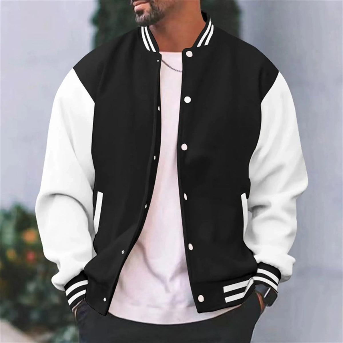 Herren Varsity Bomberjacke - Snap-Verschluss, Kontrastärmel, Streifen-Ripp-Kragen & Bündchen