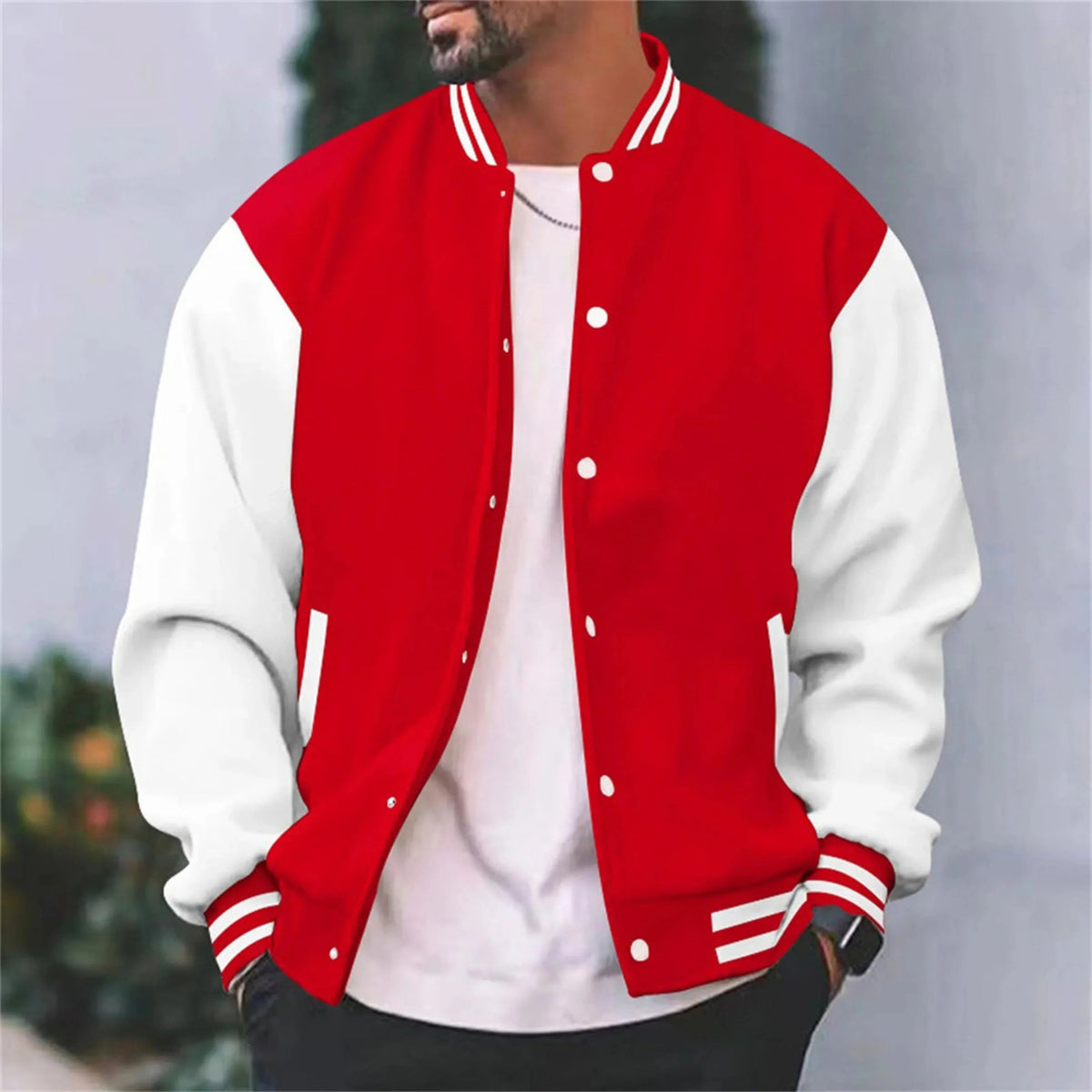 Herren Varsity Bomberjacke - Snap-Verschluss, Kontrastärmel, Streifen-Ripp-Kragen & Bündchen