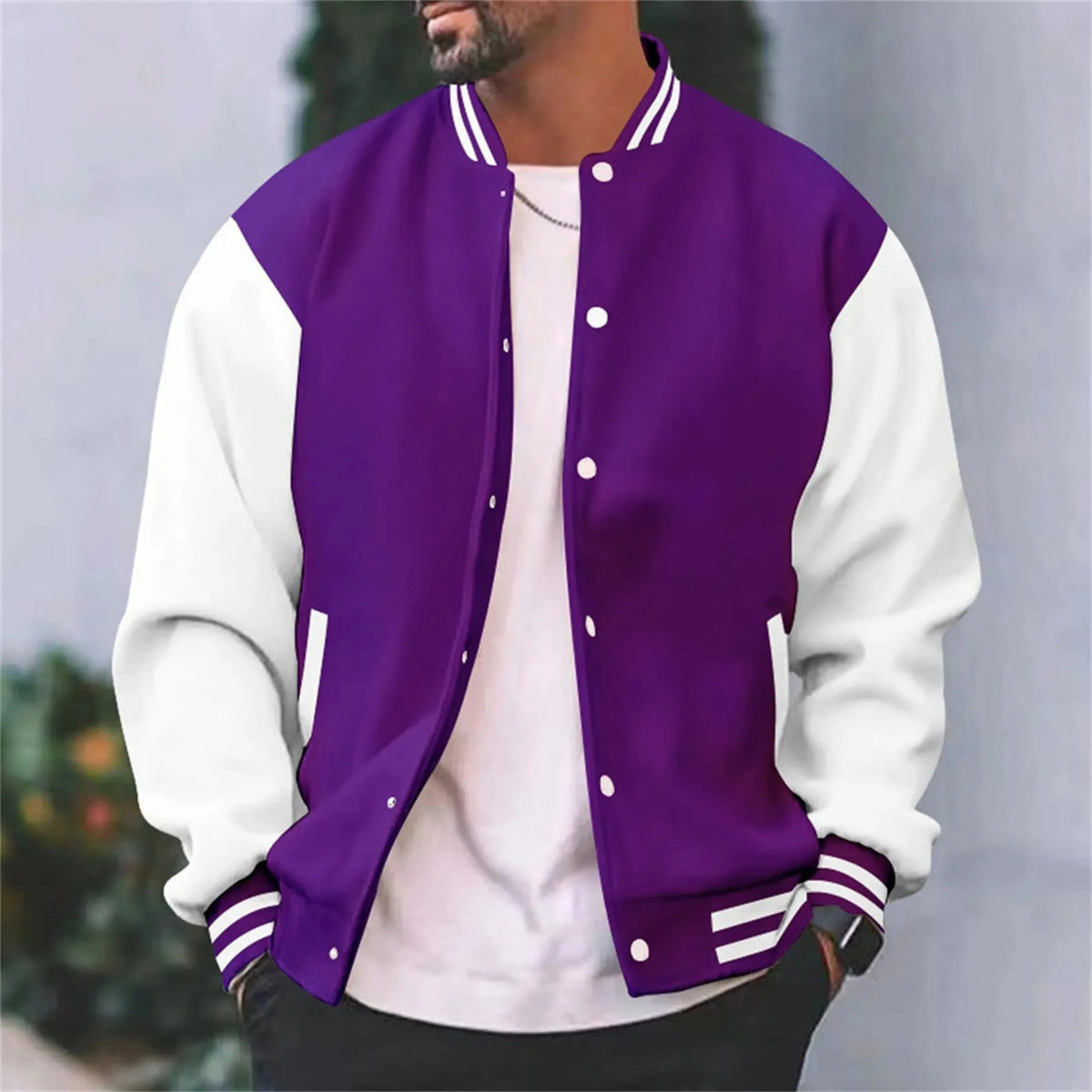 Herren Varsity Bomberjacke - Snap-Verschluss, Kontrastärmel, Streifen-Ripp-Kragen & Bündchen