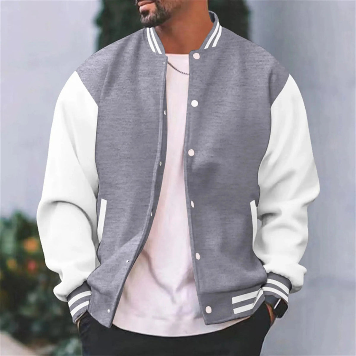 Herren Varsity Bomberjacke - Snap-Verschluss, Kontrastärmel, Streifen-Ripp-Kragen & Bündchen