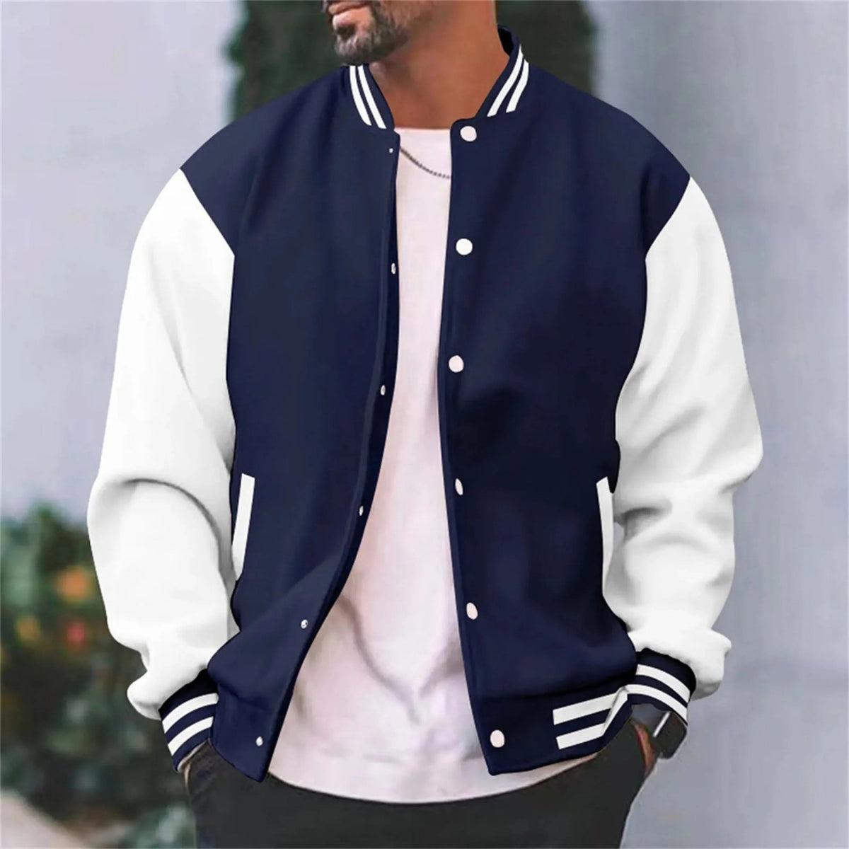 Herren Varsity Bomberjacke - Snap-Verschluss, Kontrastärmel, Streifen-Ripp-Kragen & Bündchen