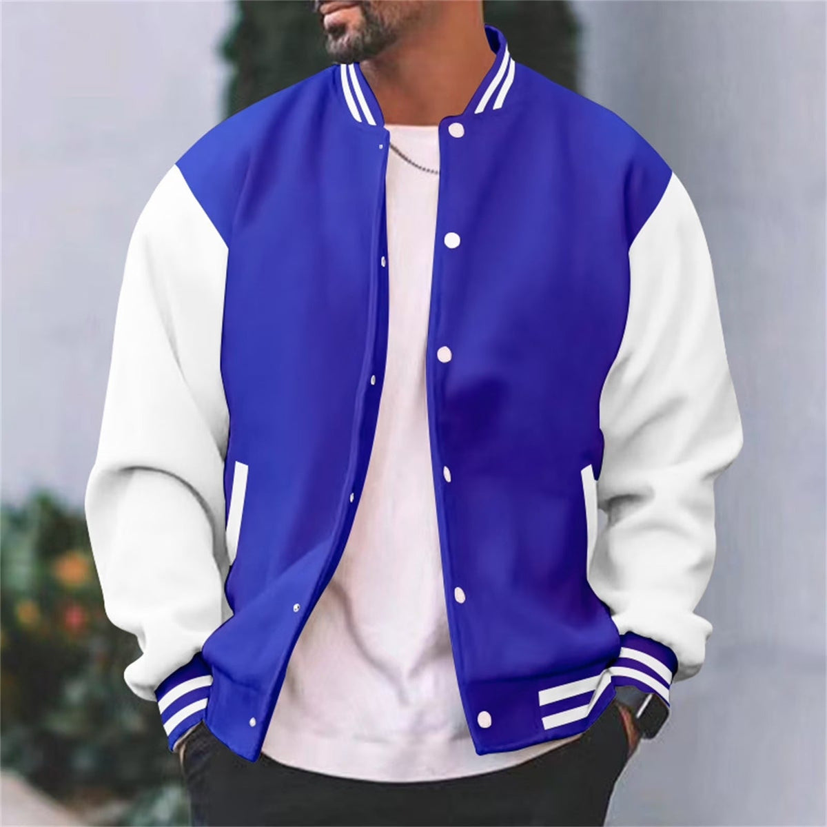 Herren Varsity Bomberjacke - Snap-Verschluss, Kontrastärmel, Streifen-Ripp-Kragen & Bündchen