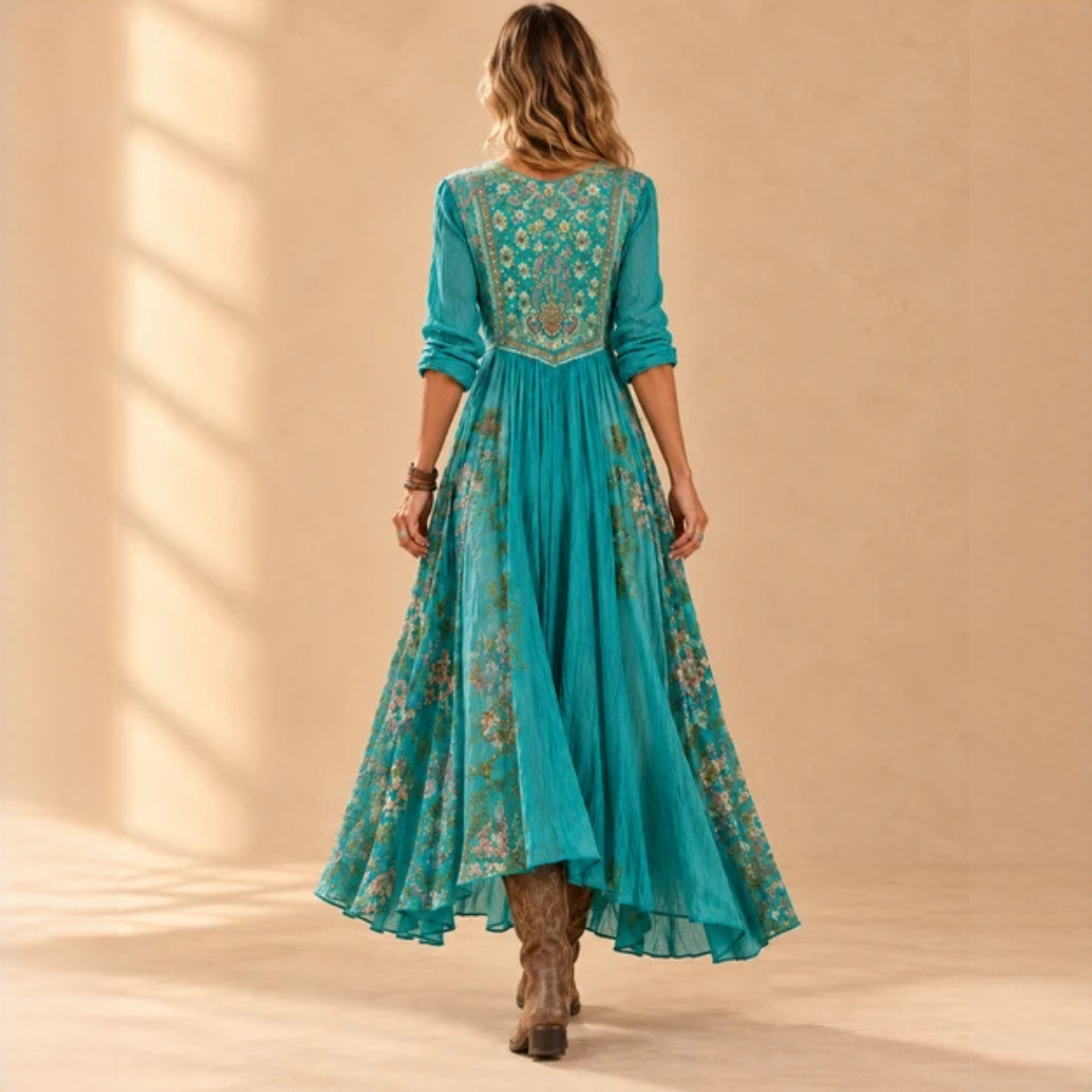 Kleid Damen Midi-V-Ausschnitt Langarm Boho Patchwork-Print Lockere Passform