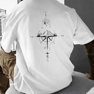 Männer T-Shirt Rundhals Kurzarm Kompass & Berg Rücken Grafik Regularer Schnitt