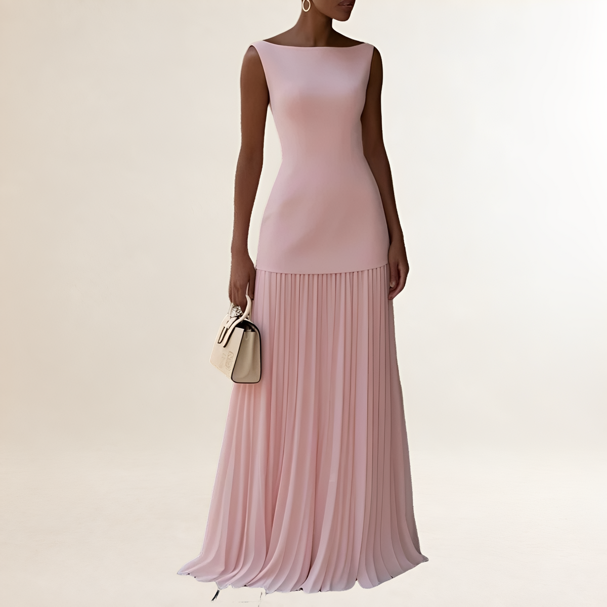 Maxi-Kleid Damen mit Schiff-Ausschnitt, ärmelloses, figurnahes Oberteil und bodenlanger Faltenrock