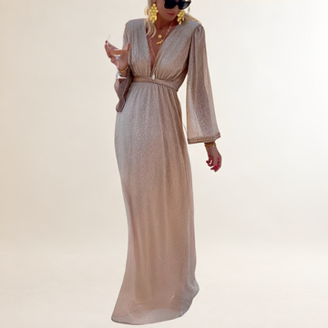 Maxikleid Damen V-Ausschnitt Glitzer Glockenärmel Empire-Taille