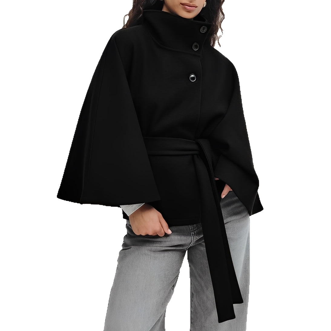 Damen-Jacke für die Übergangszeit im Cape-Design mit Gürtel, Stehkragen und Knöpfen – Lockerer Schnitt