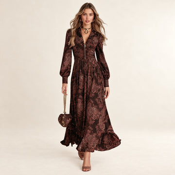 Damen Maxi Kleid mit V-Ausschnitt, Reißverschluss vorne, 2-in-1 geraffter Taillenbereich, Paisley-Muster