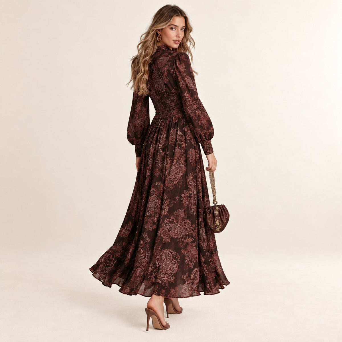 Damen Maxi Kleid mit V-Ausschnitt, Reißverschluss vorne, 2-in-1 geraffter Taillenbereich, Paisley-Muster