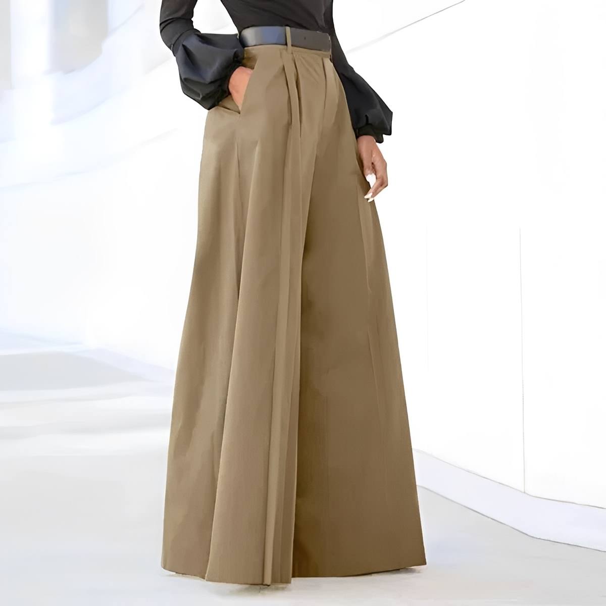 Damen Hochtaillierte Weite Hose mit Faltendetails und Taschen