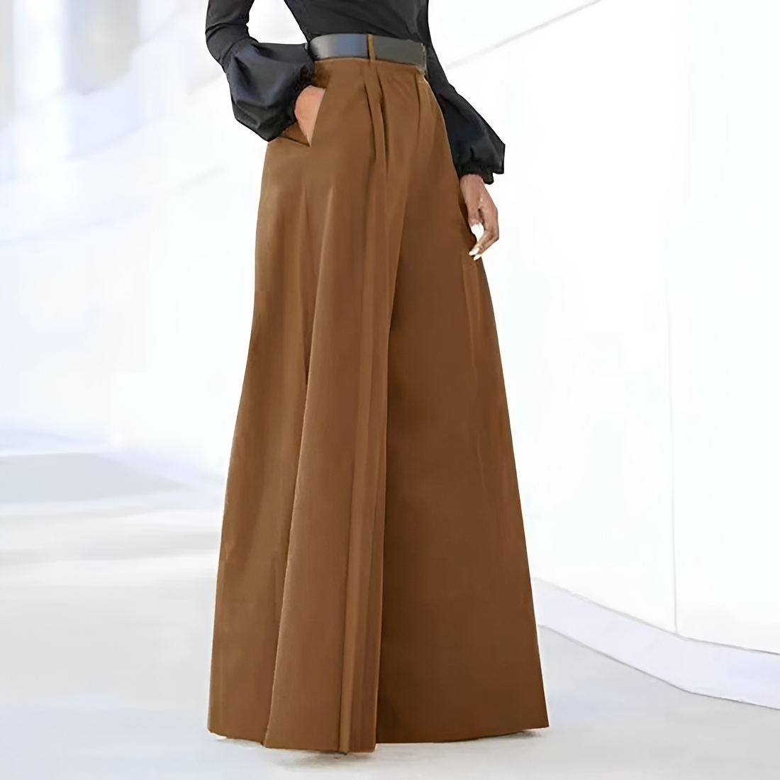 Damen Hochtaillierte Weite Hose mit Faltendetails und Taschen