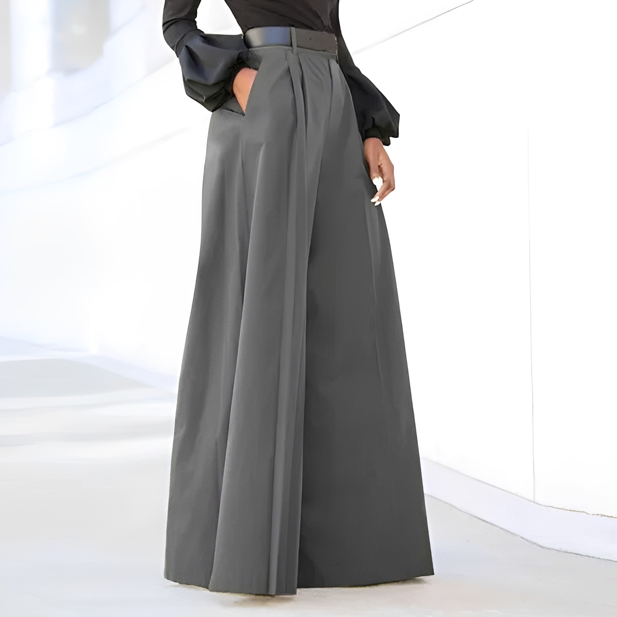Damen Hochtaillierte Weite Hose mit Faltendetails und Taschen