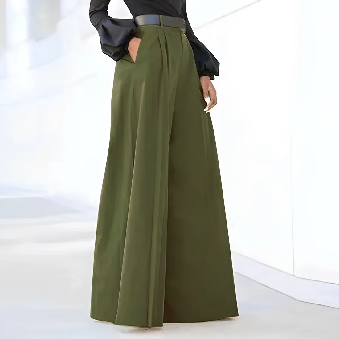 Damen Hochtaillierte Weite Hose mit Faltendetails und Taschen
