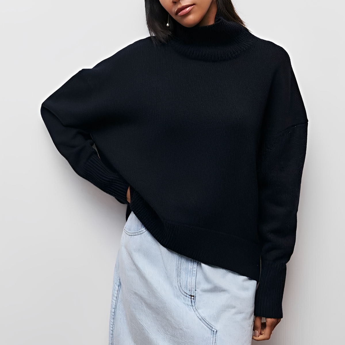 Damentrikot Rollkragenpullover mit lockerem Sitz und langen Ärmeln, Drop-Shoulder-Design