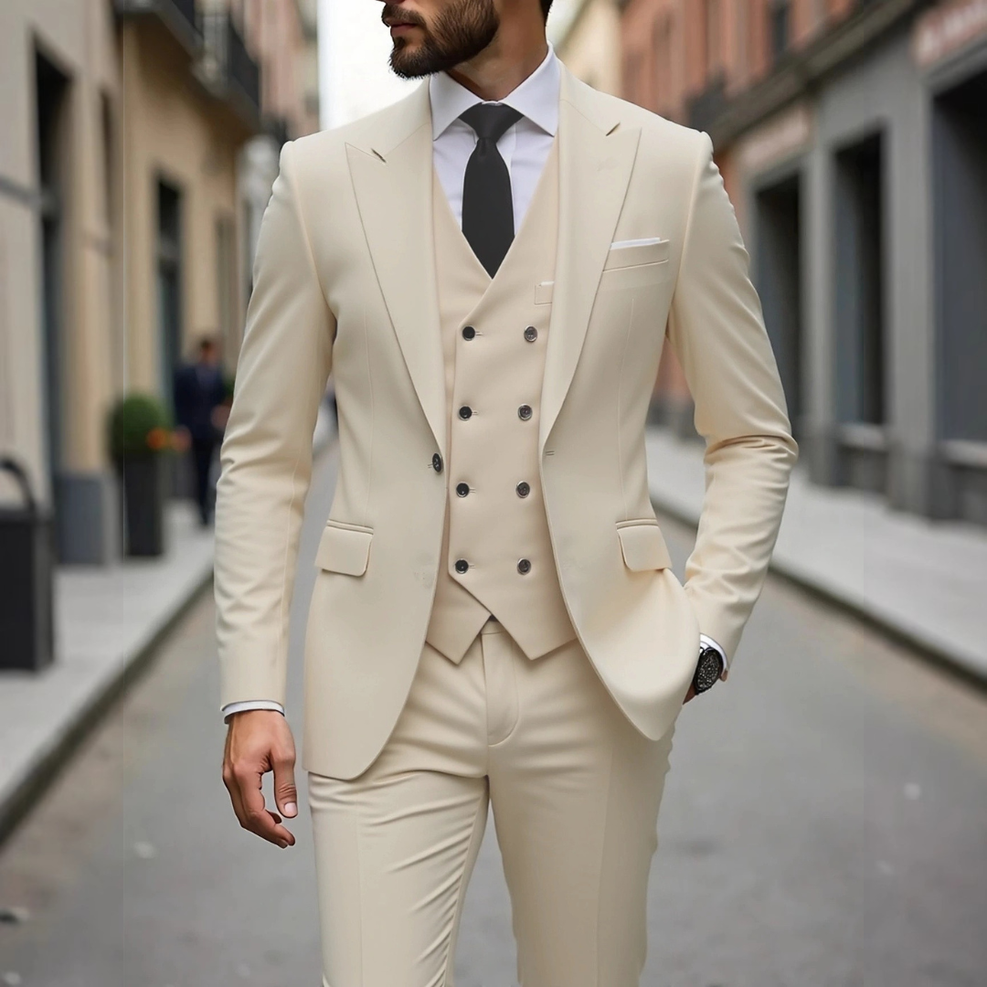 Herren Anzug Dreiteilig mit Weste - Slim-Fit Zweiknopf-Jacke, Revers mit Zacken, Hüfttaschen, Faltenhose