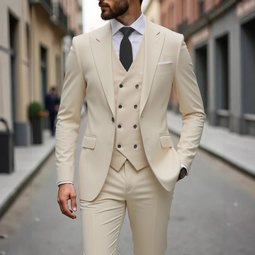 Herren Anzug Dreiteilig mit Weste - Slim-Fit Zweiknopf-Jacke, Revers mit Zacken, Hüfttaschen, Faltenhose