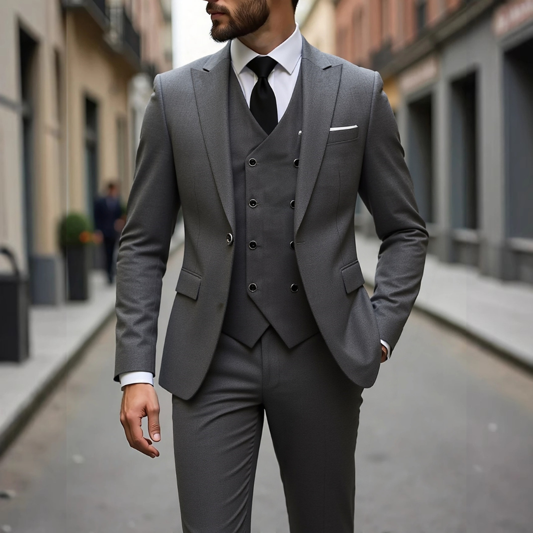 Herren Anzug Dreiteilig mit Weste - Slim-Fit Zweiknopf-Jacke, Revers mit Zacken, Hüfttaschen, Faltenhose