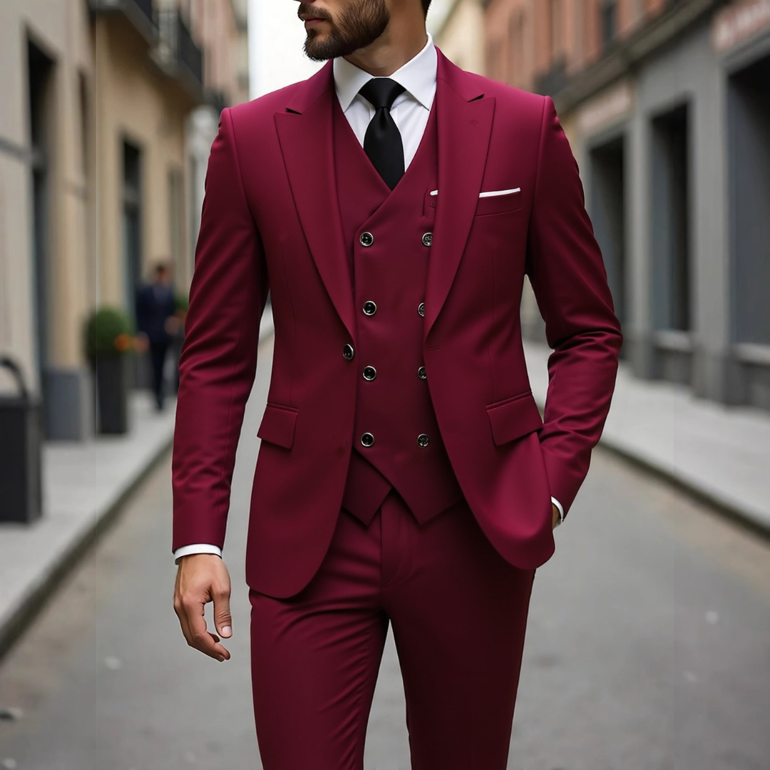 Herren Anzug Dreiteilig mit Weste - Slim-Fit Zweiknopf-Jacke, Revers mit Zacken, Hüfttaschen, Faltenhose