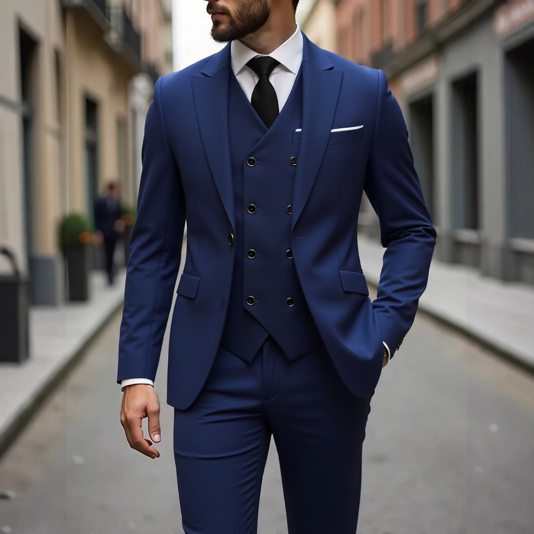 Herren Anzug Dreiteilig mit Weste - Slim-Fit Zweiknopf-Jacke, Revers mit Zacken, Hüfttaschen, Faltenhose