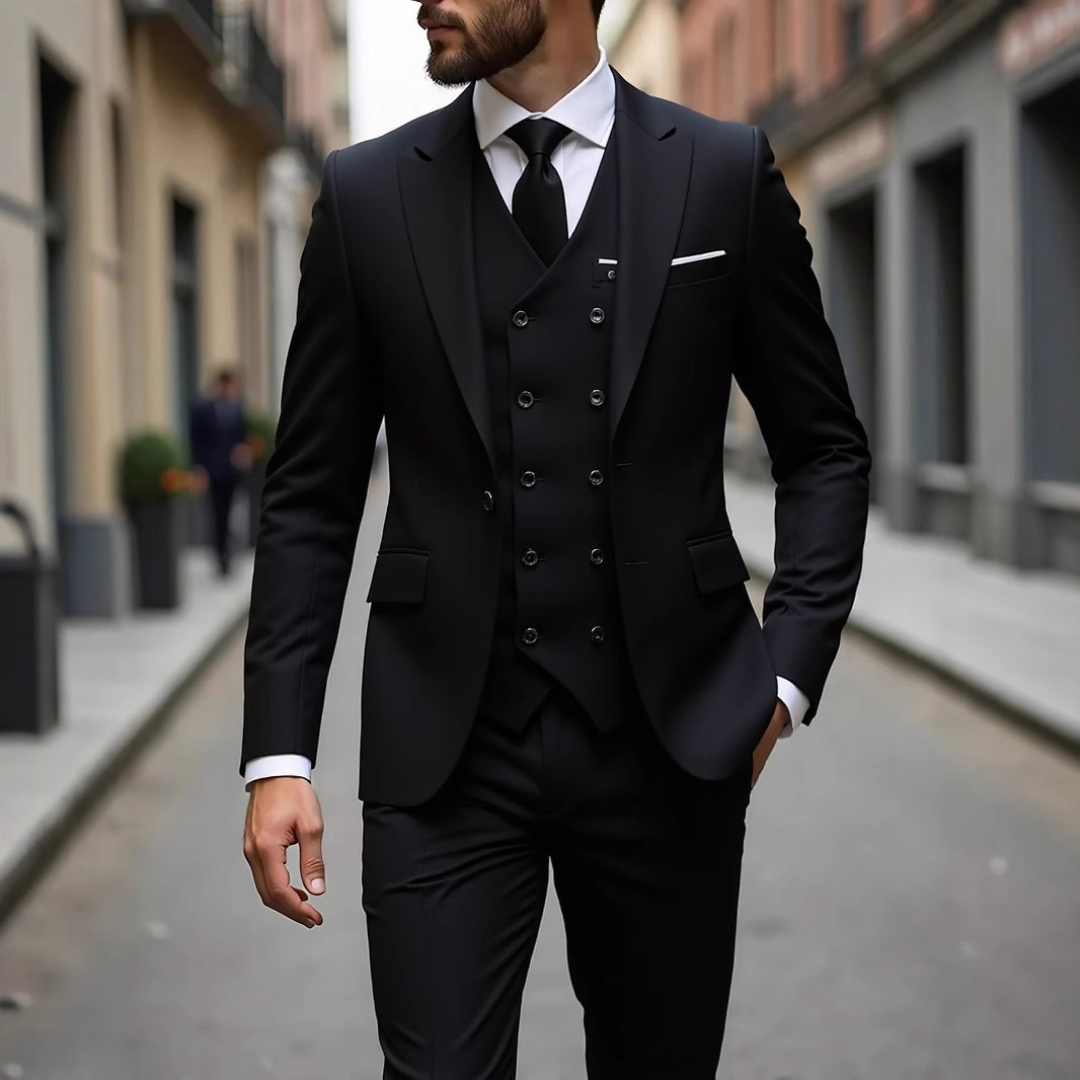 Herren Anzug Dreiteilig mit Weste - Slim-Fit Zweiknopf-Jacke, Revers mit Zacken, Hüfttaschen, Faltenhose