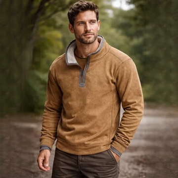 Herren Pullover mit halbem Reißverschluss, Stehkragen und Kontrast-Patches an den Ellenbogen, lockere Passform
