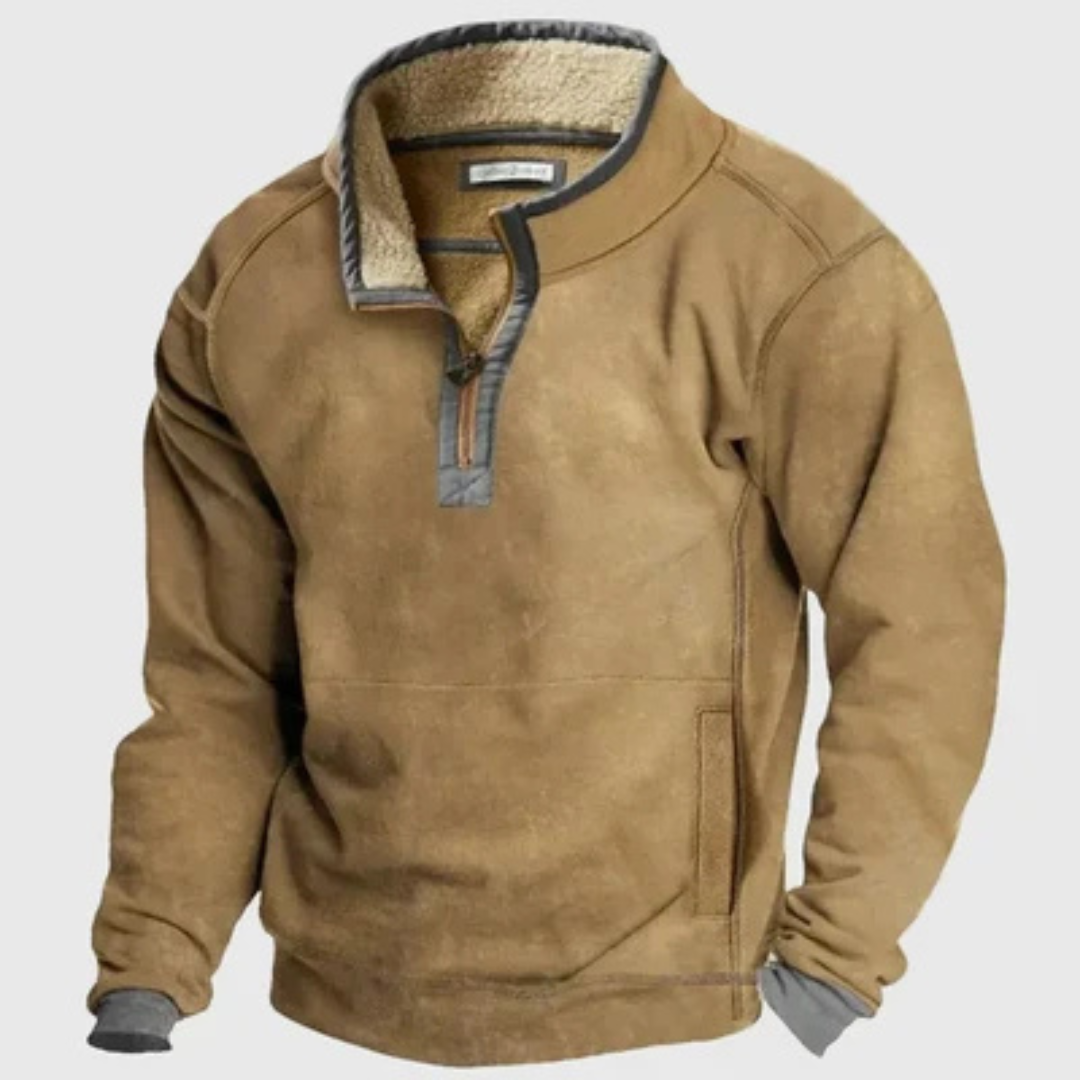 Herren Pullover mit halbem Reißverschluss, Stehkragen und Kontrast-Patches an den Ellenbogen, lockere Passform