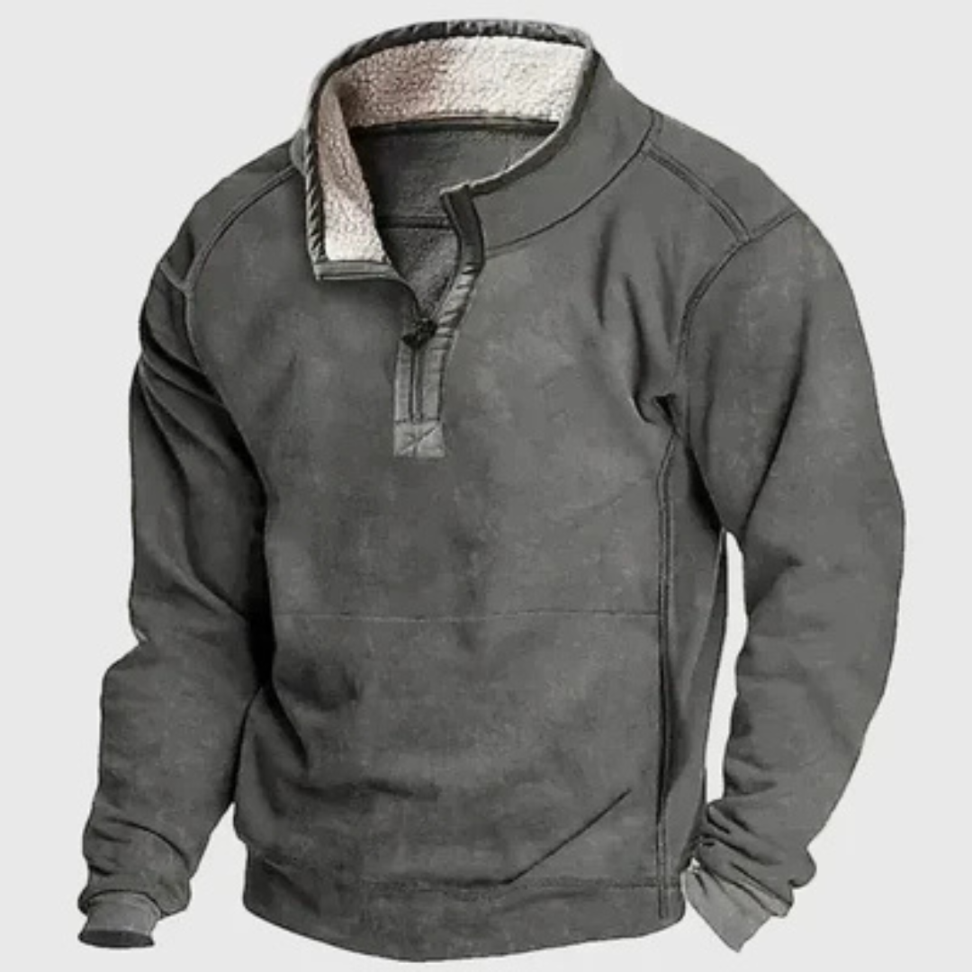 Herren Pullover mit halbem Reißverschluss, Stehkragen und Kontrast-Patches an den Ellenbogen, lockere Passform