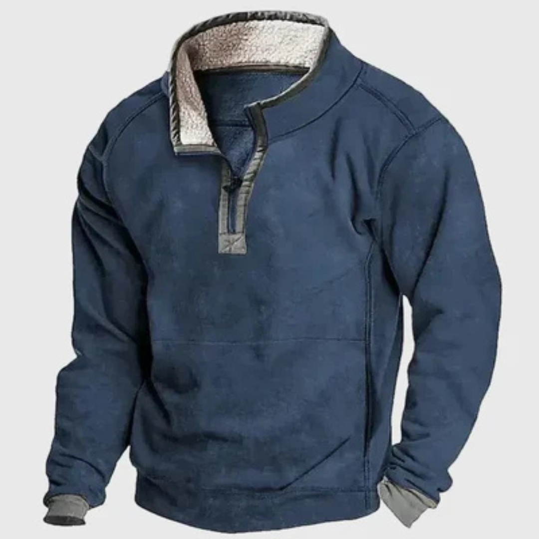 Herren Pullover mit halbem Reißverschluss, Stehkragen und Kontrast-Patches an den Ellenbogen, lockere Passform