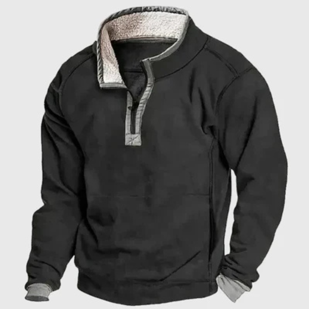 Herren Pullover mit halbem Reißverschluss, Stehkragen und Kontrast-Patches an den Ellenbogen, lockere Passform