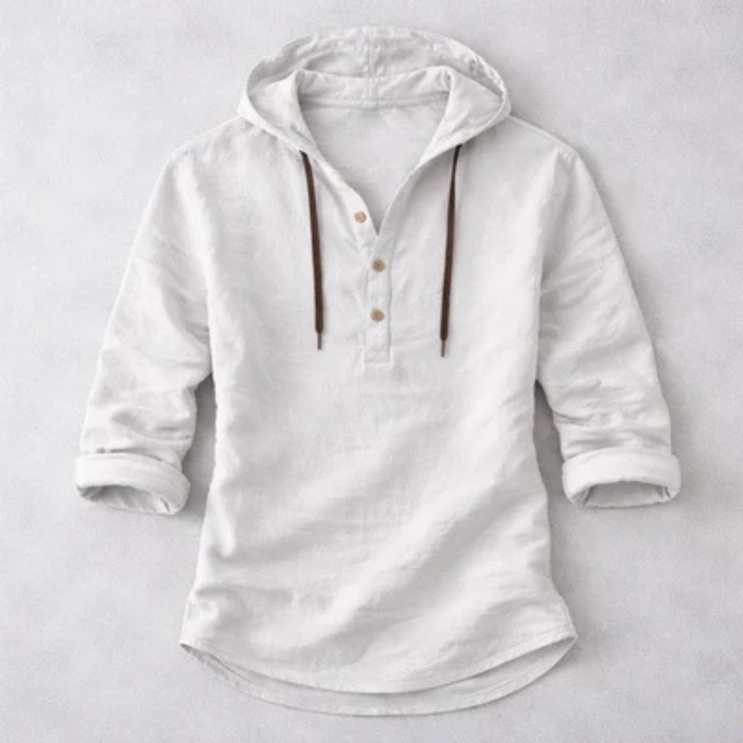 Herren Hoodie-Henley-Shirt mit Kapuze und Zugband - 3-Knopf Henley Ausschnitt, Langärmlig, Lässiger Schnitt