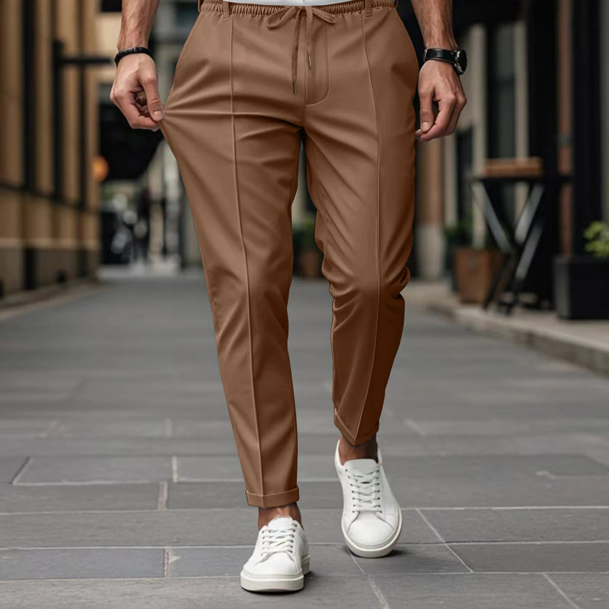 Herren Hose mit elastischem Bund und Bindegürtel - gerade Beine, Frontfalte, schlanke Optik