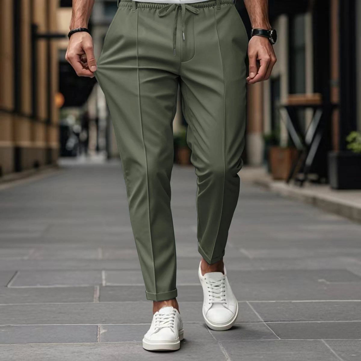 Herren Hose mit elastischem Bund und Bindegürtel - gerade Beine, Frontfalte, schlanke Optik