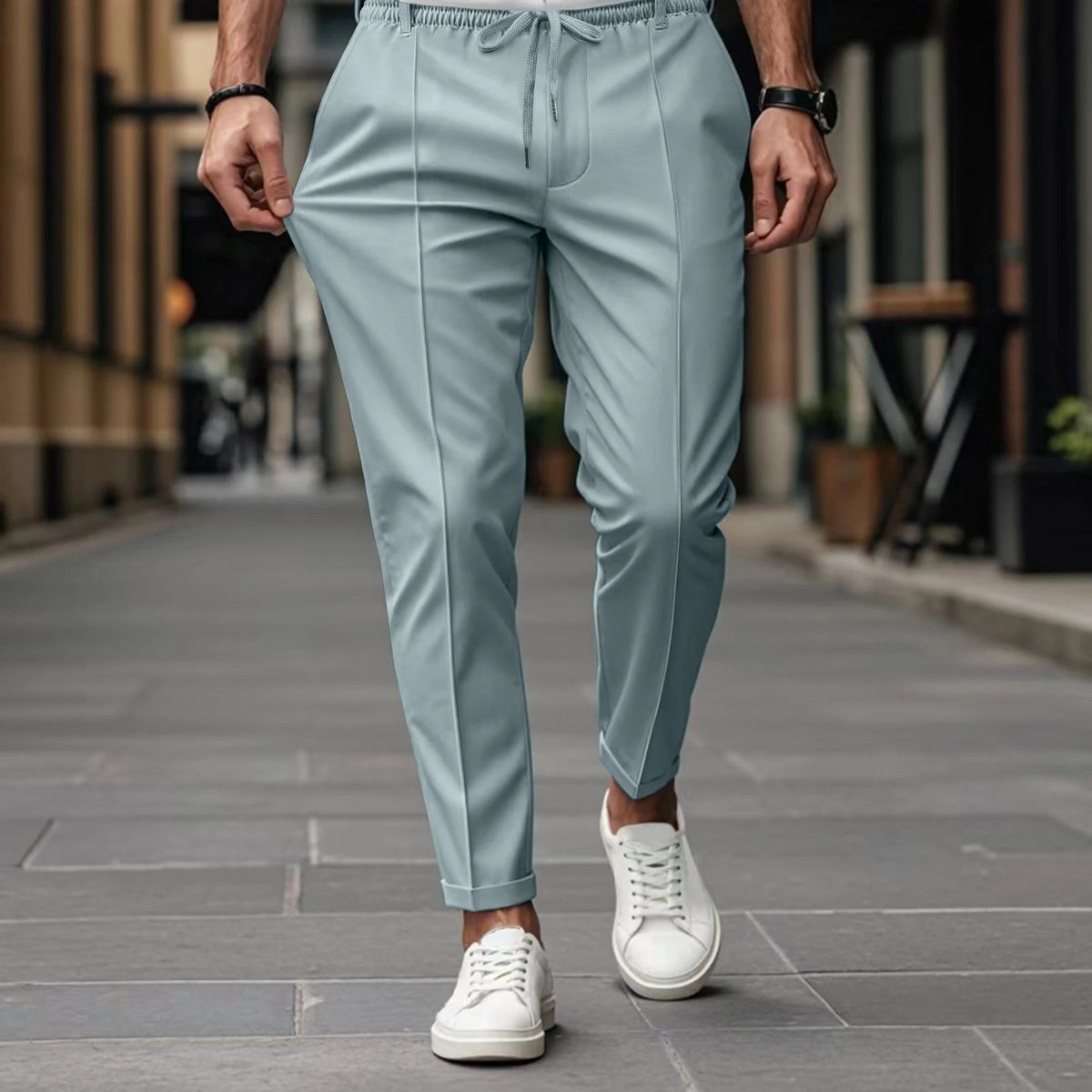 Herren Hose mit elastischem Bund und Bindegürtel - gerade Beine, Frontfalte, schlanke Optik