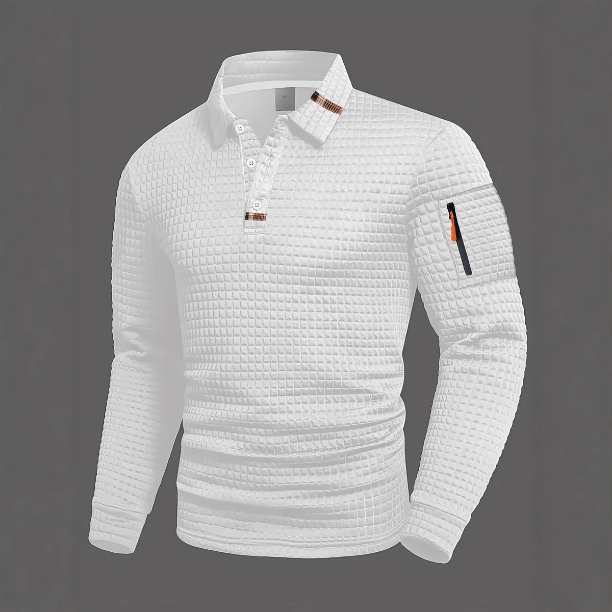 Herren Langarm-Polo mit Strukturmuster, drei Knöpfen & Reißverschlusstasche am Arm