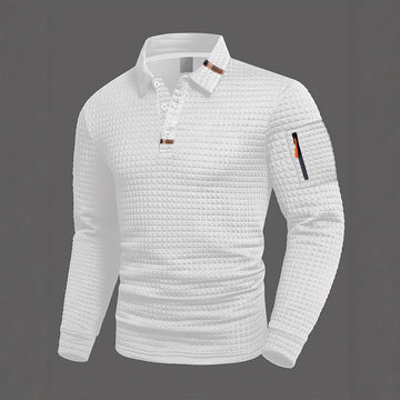 Herren Langarm-Polo mit Strukturmuster, drei Knöpfen & Reißverschlusstasche am Arm