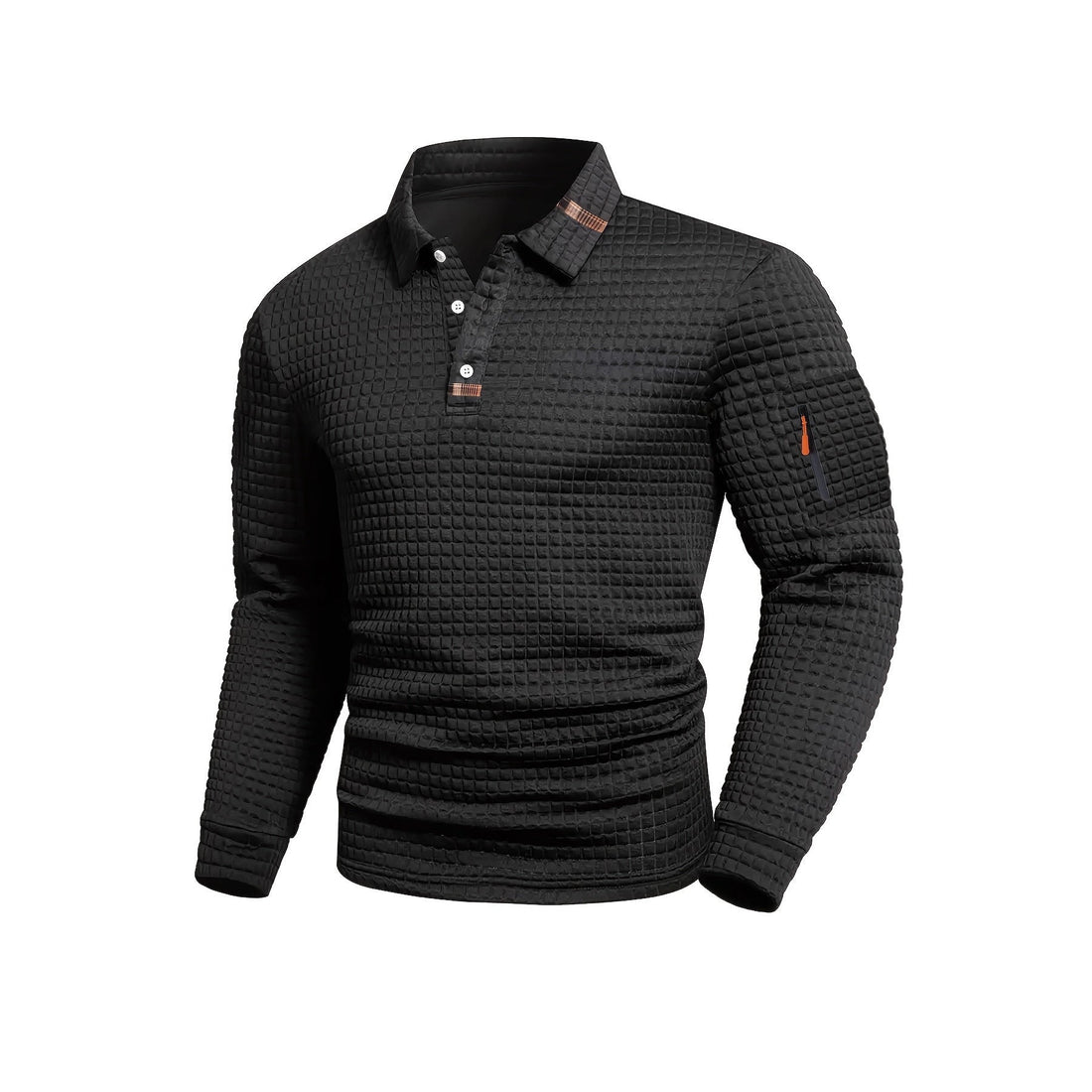 Herren Langarm-Polo mit Strukturmuster, drei Knöpfen & Reißverschlusstasche am Arm