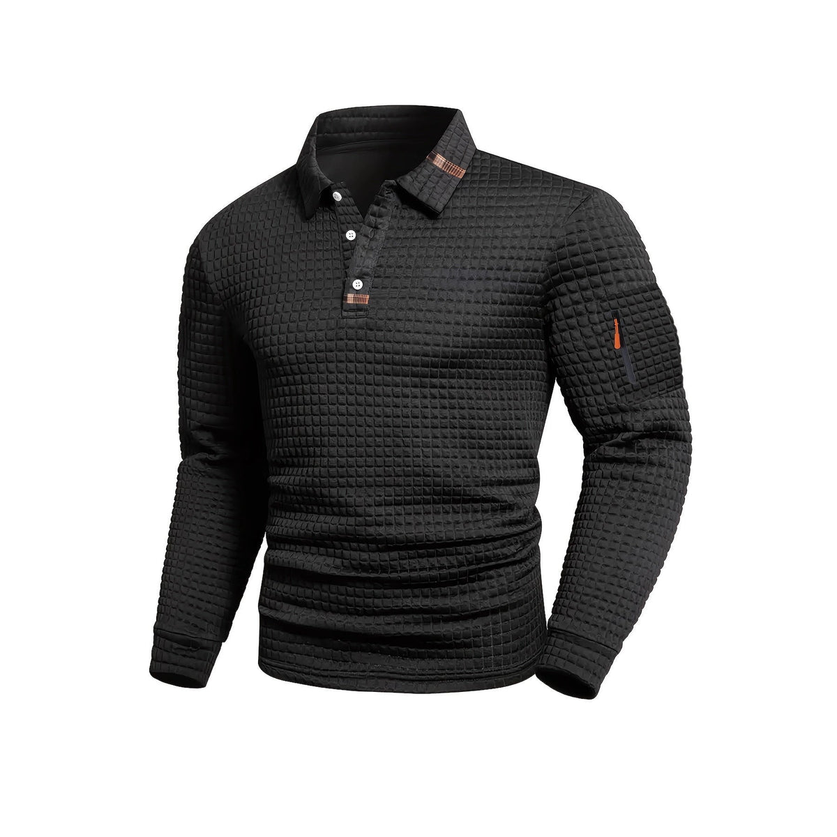 Herren Langarm-Polo mit Strukturmuster, drei Knöpfen & Reißverschlusstasche am Arm