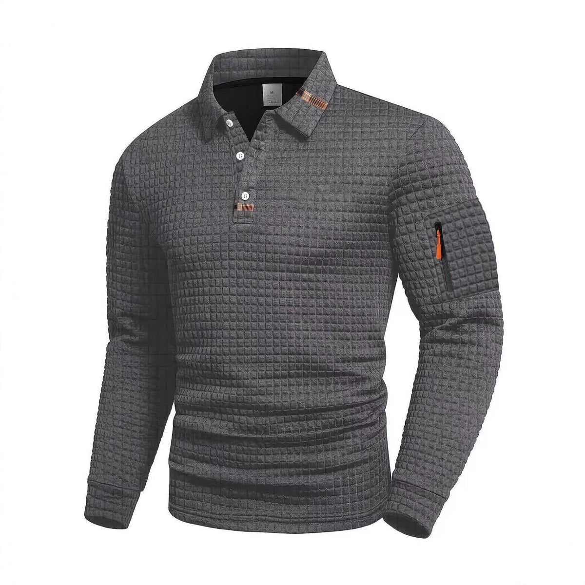 Herren Langarm-Polo mit Strukturmuster, drei Knöpfen & Reißverschlusstasche am Arm