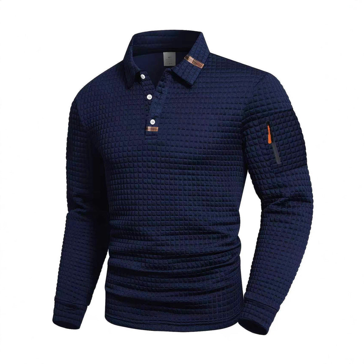Herren Langarm-Polo mit Strukturmuster, drei Knöpfen & Reißverschlusstasche am Arm