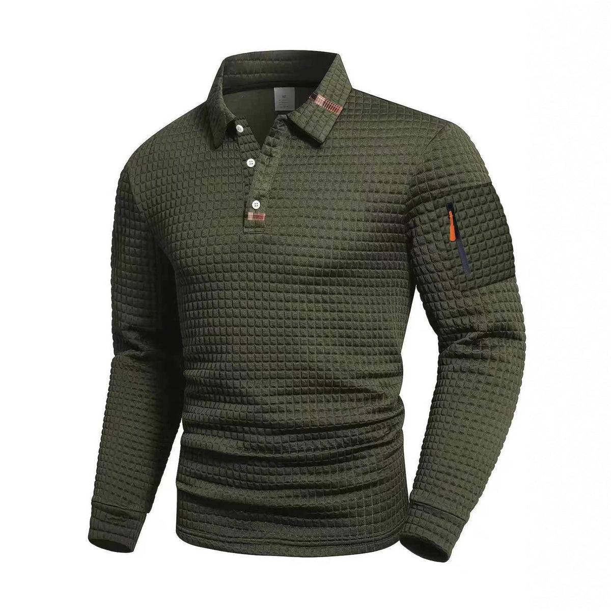 Herren Langarm-Polo mit Strukturmuster, drei Knöpfen & Reißverschlusstasche am Arm