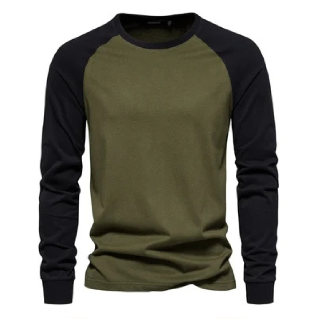 Herren Langarm-Raglanshirt mit Ärmeln in Kontrastfarbe - Rundhals, schmaler Schnitt, Brustlogo