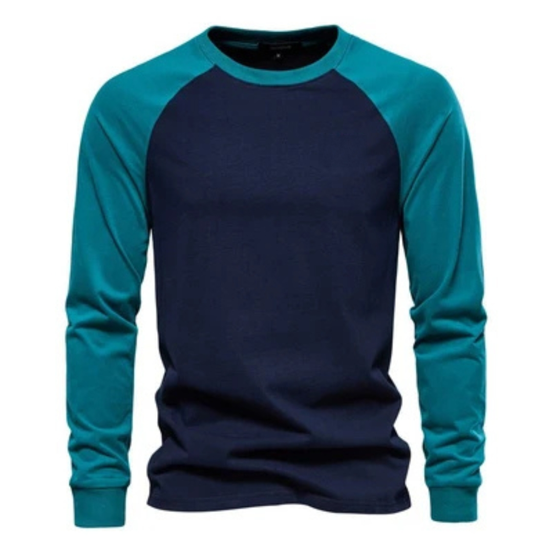 Herren Langarm-Raglanshirt mit Ärmeln in Kontrastfarbe - Rundhals, schmaler Schnitt, Brustlogo