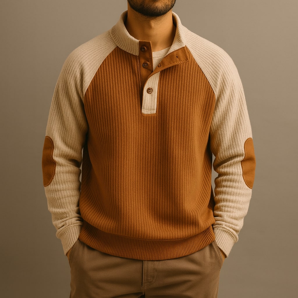 Herrenpullover mit Stehkragen, Knopfleiste und Raglanärmeln